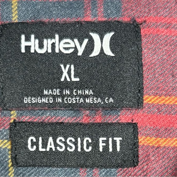 Hurley Men's Red and Green Plaid Button Down Shirt - Picture 2 of 3